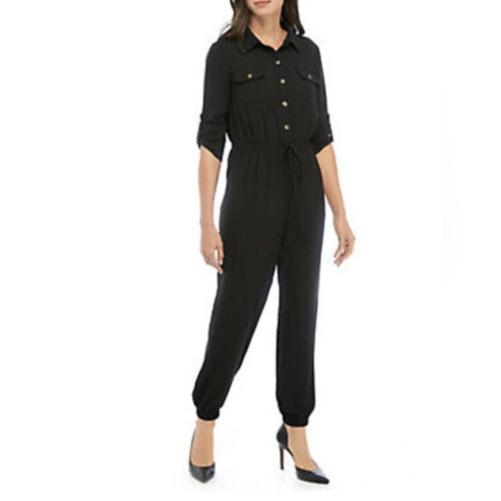 EMMA & MICHELE Black Utility Jogger Jumpsuit Button Front Drawstring Waist L
